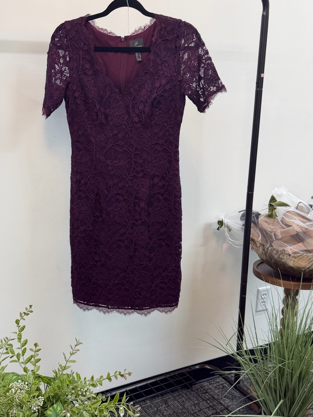 Adrianna Papell Plum Lace V-Neck Short Sleeve Mini Dress